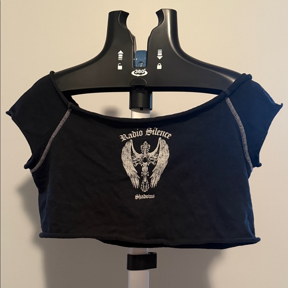 Brandy Melville Black Graphic radio silence off the shoulder Crop Top